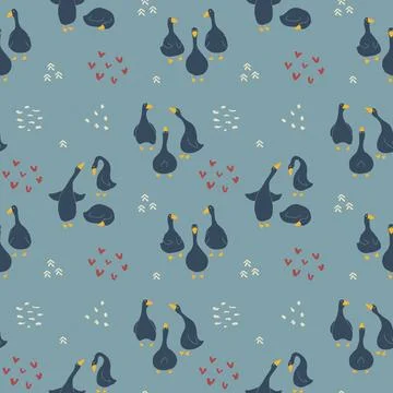 Goose Seamless Pattern. Cute Cartoon geese, Vector Illustration Background Stock Illustration