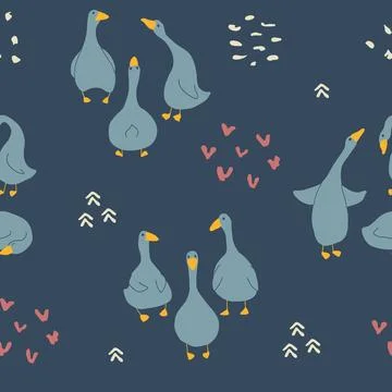 Goose Seamless Pattern. Cute Cartoon geese, Vector Illustration Background イラスト素材