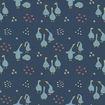 Goose Seamless Pattern. Cute Cartoon geese, Vector Illustration Background Stock Illustration