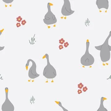 Goose Seamless Pattern. Cute Cartoon geese, Vector Illustration Background Stock Illustration