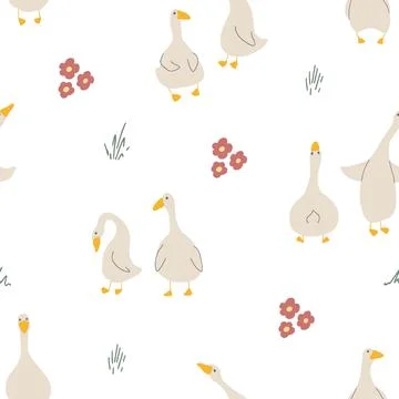 Goose Seamless Pattern. Cute Cartoon geese, Vector Illustration Background 스톡 일러스트