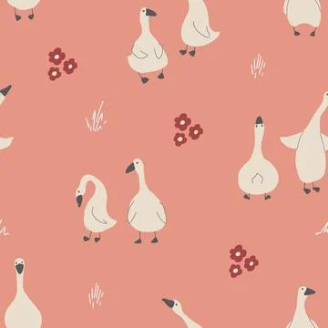 Goose Seamless Pattern. Cute Cartoon geese, Vector Illustration Background Stock Illustration
