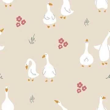 Goose Seamless Pattern. Cute Cartoon geese, Vector Illustration Background Stock Illustration