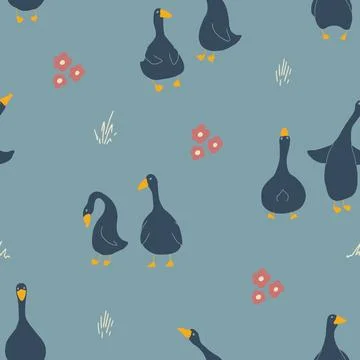 Goose Seamless Pattern. Cute Cartoon geese, Vector Illustration Background 스톡 일러스트