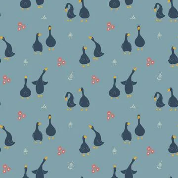 Goose Seamless Pattern. Cute Cartoon geese, Vector Illustration Background 스톡 일러스트
