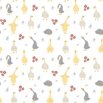 Goose Seamless Pattern. Cute Cartoon geese, Vector Illustration Background イラスト素材