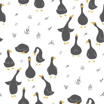 Goose Seamless Pattern. Cute Cartoon geese, Vector Illustration Background Stock Illustration