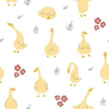 Goose Seamless Pattern. Cute Cartoon geese, Vector Illustration Background イラスト素材