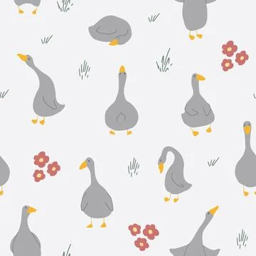 Goose Seamless Pattern. Cute Cartoon geese, Vector Illustration Background Stock Illustration