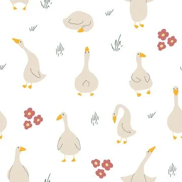 Goose Seamless Pattern. Cute Cartoon geese, Vector Illustration Background Illustrazione stock