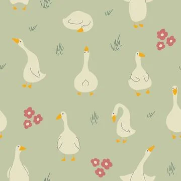 Goose Seamless Pattern. Cute Cartoon geese, Vector Illustration Background Stock Illustration