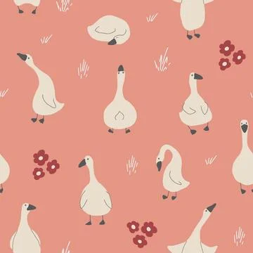 Goose Seamless Pattern. Cute Cartoon geese, Vector Illustration Background 스톡 일러스트