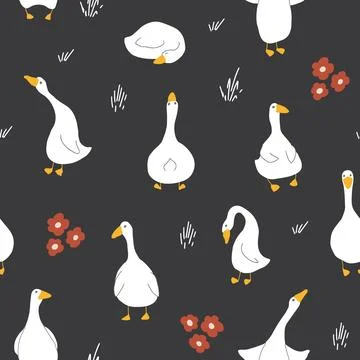 Goose Seamless Pattern. Cute Cartoon geese, Vector Illustration Background 스톡 일러스트