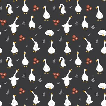 Goose Seamless Pattern. Cute Cartoon geese, Vector Illustration Background Stock Illustration