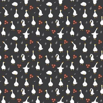Goose Seamless Pattern. Cute Cartoon geese, Vector Illustration Background Stock Illustration