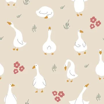 Goose Seamless Pattern. Cute Cartoon geese, Vector Illustration Background Stock Illustration
