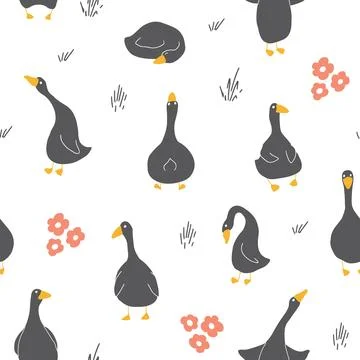 Goose Seamless Pattern. Cute Cartoon geese, Vector Illustration Background 스톡 일러스트