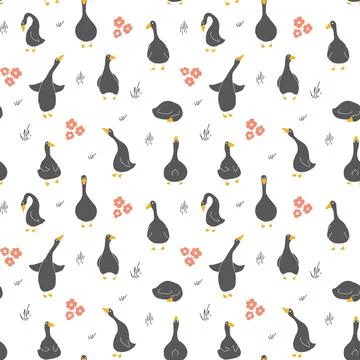 Goose Seamless Pattern. Cute Cartoon geese, Vector Illustration Background Stock Illustration