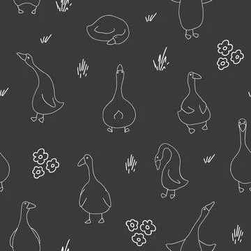 Goose Seamless Pattern. Cute Cartoon geese, Vector Illustration Background Stock Illustration