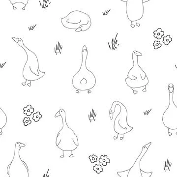 Goose Seamless Pattern. Cute Cartoon geese, Vector Illustration Background Stock Illustration