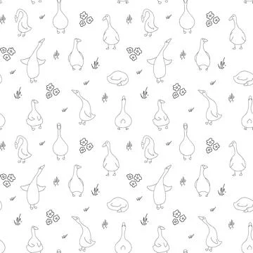 Goose Seamless Pattern. Cute Cartoon geese, Vector Illustration Background Stock Illustration