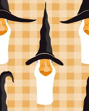 Goose in witch hats gingham seamless pattern. Halloween character backgroun.. Stock-Illustration