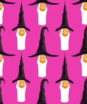 Goose in witch hats seamless pattern. Halloween character background, vector  Illustrazione stock