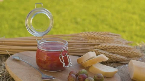 Gooseberry jam, bread and ears Stock Footage 139651921