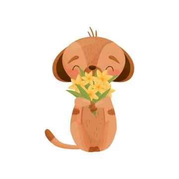 Gopher sniffs a bouquet. Vector illustration on white background. Stock Illustration
