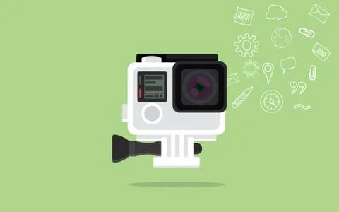 Gopro camera isolated with green background and icon data collection Stock-Illustration
