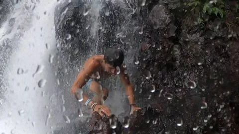 Gopro Man Climbs Through Waterfall Stock Footage 106151418