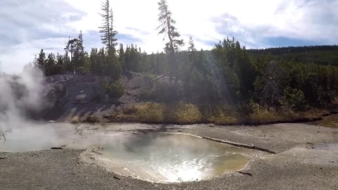 GoPro Pan of Steam and Pools in Yellowstone Stock Footage 79591872