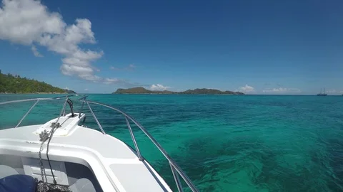 GoPro point of view from the bow of a speedboat during a boat ride, approaching Stock Footage 143713777