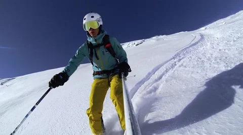 GoPro skiing with sprays of powder snow Stock Video Pond5