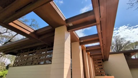 The Gordon House upper façade showcases dramatic skylights, structural pillars Stock Footage 337442459