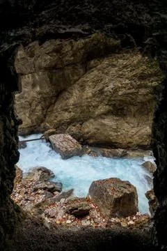 Gorge or ravine - deep valley with straight sides. Partnachklamm in Garmisch Stock Photos
