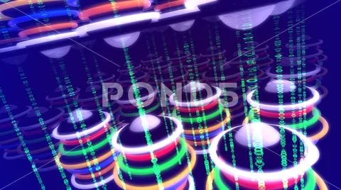 Gorgeous 3d illustration of multicolored disc groups looking like neon lamps Stock Illustration