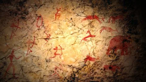 Gorgeous 3d illustration of primitive ancient art on a cave surface with figu Stock Illustration