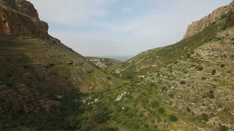 Gorgeous aerial downstream view inside the Arbel Valley. Israel. DJI-0165-08 Stock Footage 123813293
