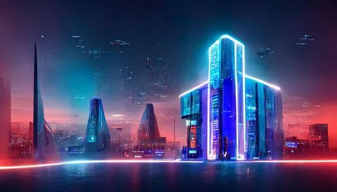 Gorgeous AI generated digital art of glowing blue and red skyscrapers in a futur Ilustración de archivo