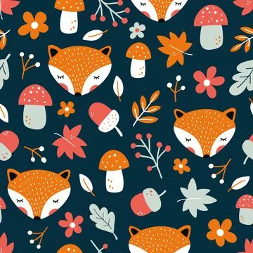Gorgeous autumn seamless pattern with cute fox and leafs on background. Backdrop Illustrazione stock