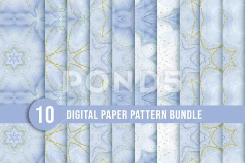 Gorgeous blue watercolor background pattern bundle with golden sparkles. Beau PSD Template