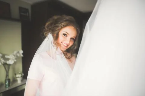 Gorgeous bride in robe posing and preparing for the wedding ceremony face in a Stock Photos