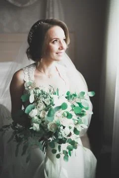 Gorgeous bride in robe posing and preparing for the wedding ceremony face in a Stock Photos