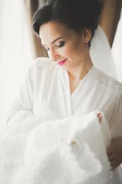 Gorgeous bride in robe posing and preparing for the wedding ceremony face in a Stock Photos