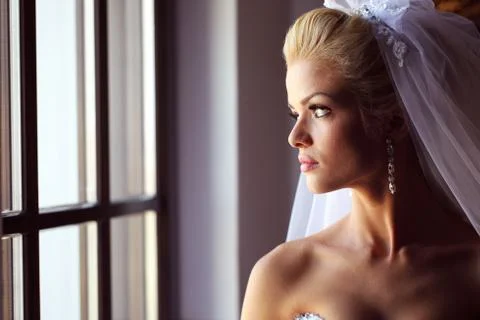 Gorgeous bride with veil posing Stock Photos