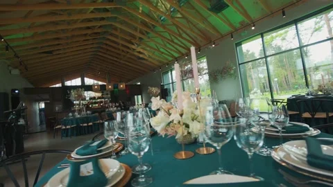 Gorgeous decorating of wedding table and hall. Stock Footage 134825388