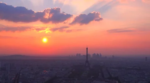 Gorgeous high angle view of the Eiffel Tower and Paris at sunset. Stock Footage 41581004