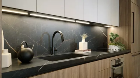 Gorgeous kitchen with white and brown cabinetry, led lightning under cupboards Stock Footage 249520907