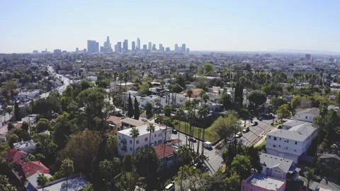 Gorgeous Los Angeles aerial establishing shot - palm trees and downtown Stock Footage